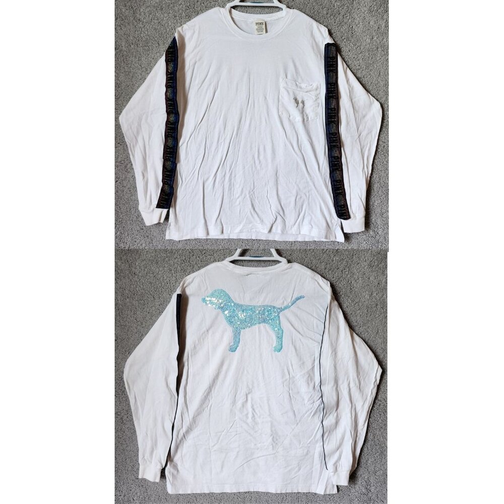 Victoria’s Secret PINK Long Rainbow Stripe Sleeve Tshirt Bling Sequin Dog Size L